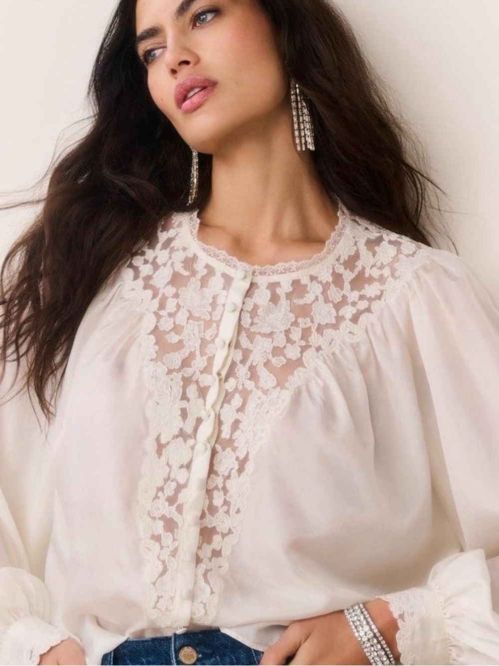 LoveShackFancy Ivory Floral Lace Yoke Blouse